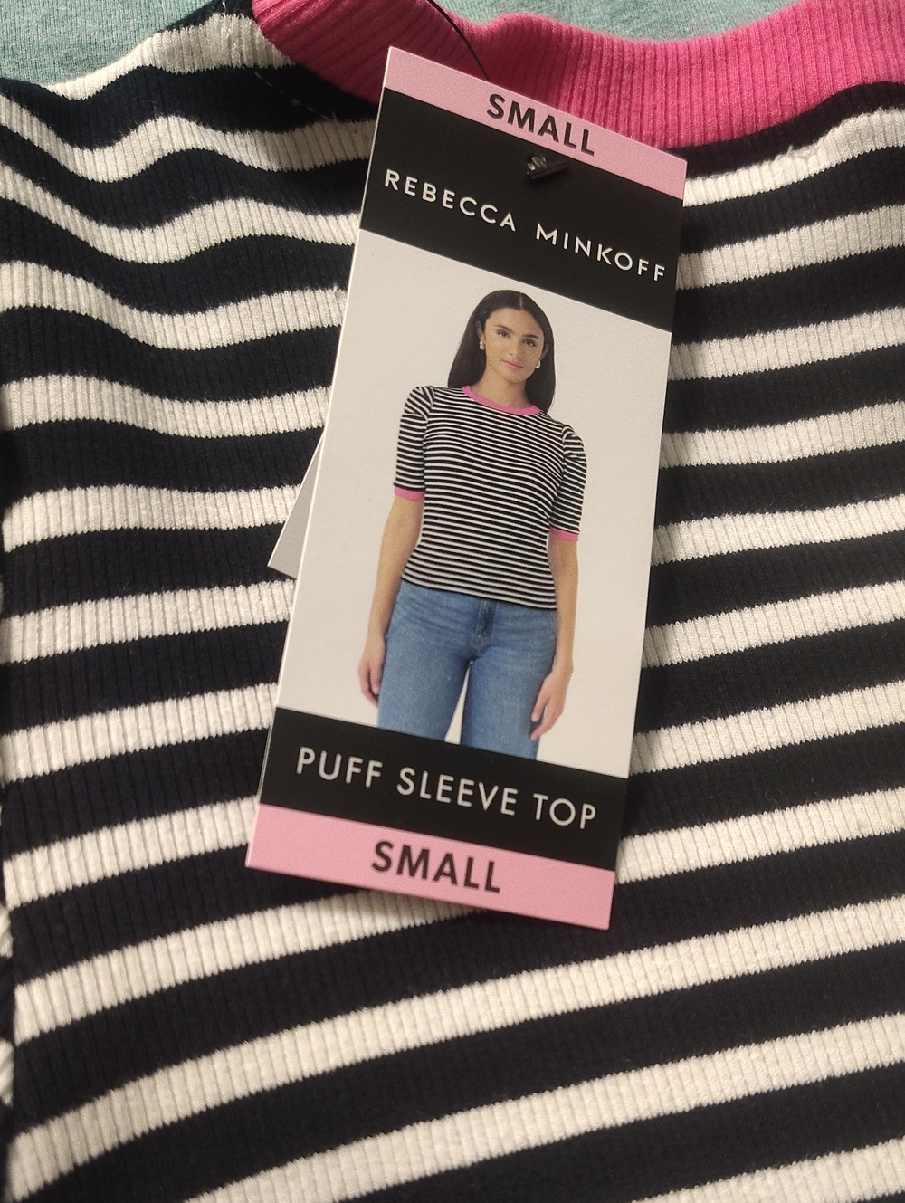 Rebecca Minkoff Black & White Striped Tee with Pink Trim Puffed Sleeves - Picture 6 of 6